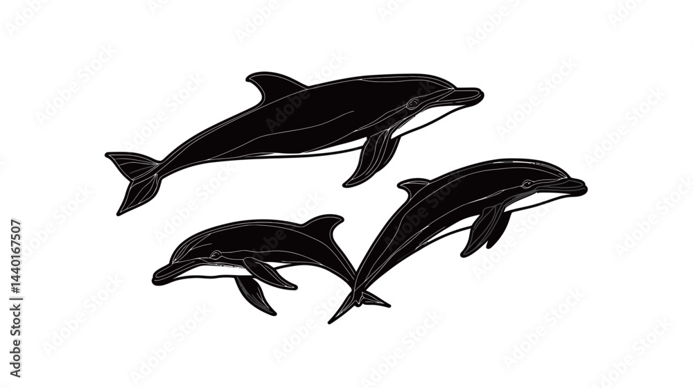Naklejka premium A line art painting of dolphins swimming gracefully in the ocean, capturing their elegant movements in a minimalist and artistic style.
