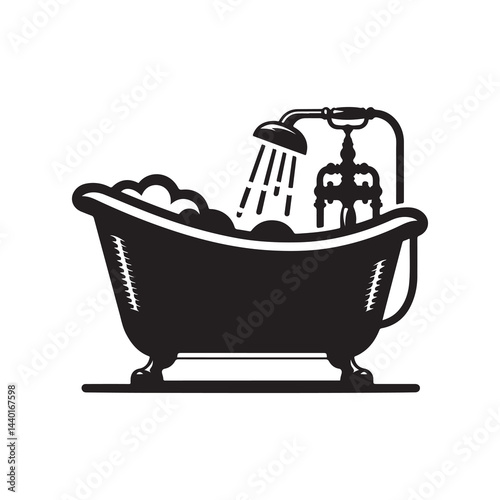 Bathtub Silhouette Vector Illustration, Solid White Background.