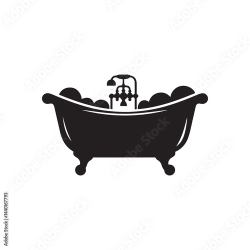 Bathtub Silhouette Vector Illustration, Solid White Background.