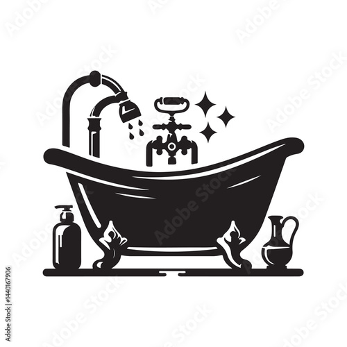 Bathtub Silhouette Vector Illustration, Solid White Background.