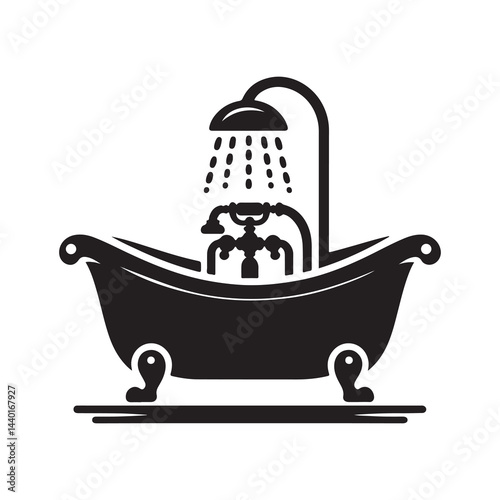 Bathtub Silhouette Vector Illustration, Solid White Background.