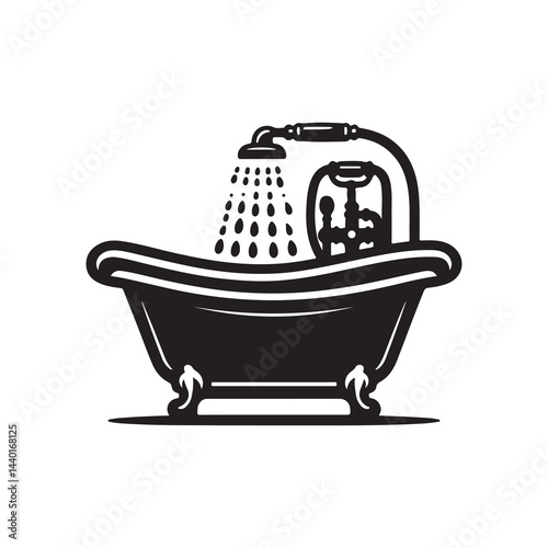 Bathtub Silhouette Vector Illustration, Solid White Background.