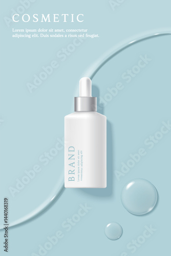 Cosmetics and skin care product ads template on blue background with serum texture.