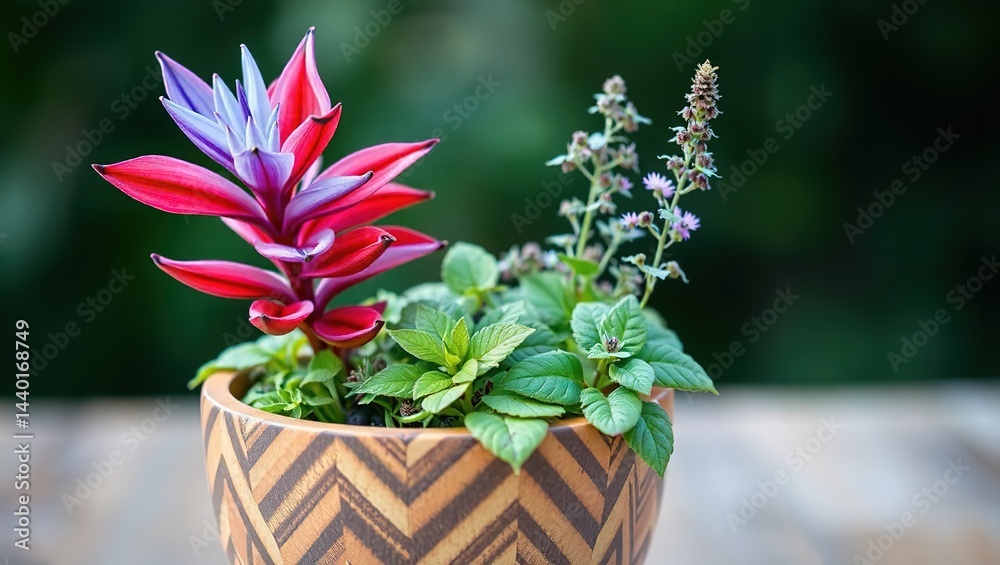 Blue, Red, and Silver Banana Flower Arrangement in Chevron Wood Pot