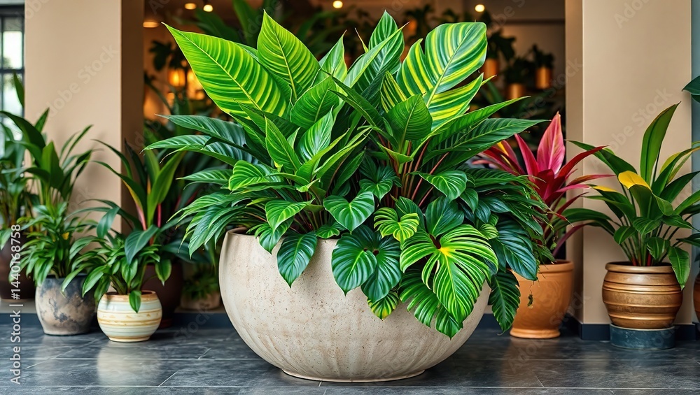 Bold Tropical Display: Large Ceramic Planter with Lush Plants