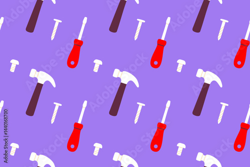 Seamless pattern with screwdrivers and hammers on purple background