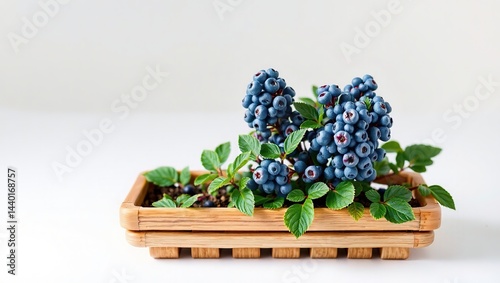 Obraz na płótnie Blue Bearberry in Bamboo Planter Tray, Elevated Home Decor w salonie
