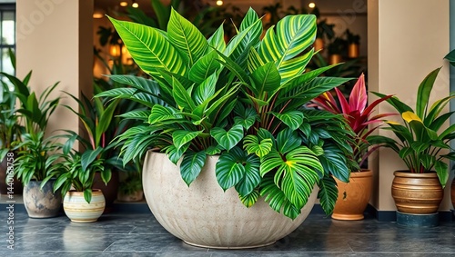Obraz na płótnie Bold Tropical Display: Large Ceramic Planter with Lush Plants w salonie