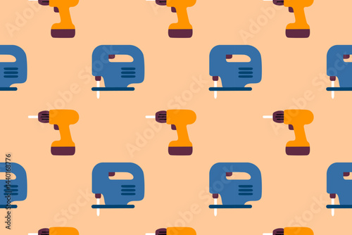 Seamless pattern with drills and jigsaws on orange background