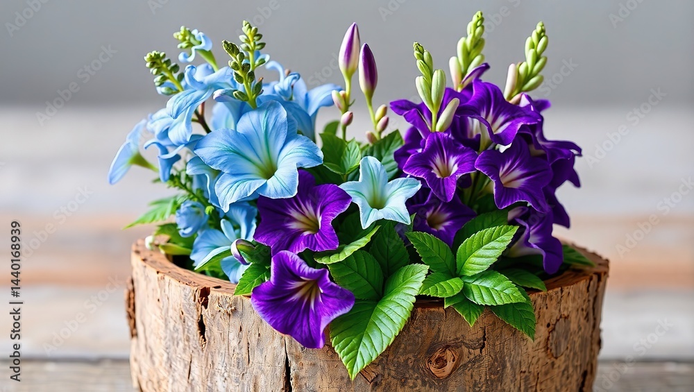Blooming Gloxinia, Lonicera, and Gladiolus in Natural Bark Planter