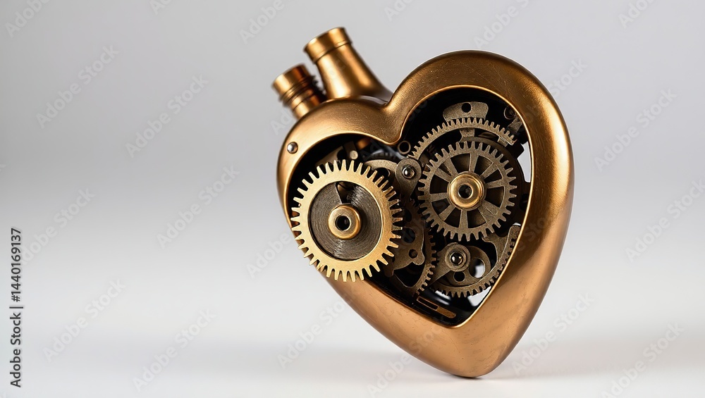 Antique Brass Mechanical Heart Gears Close Up - Detailed Design