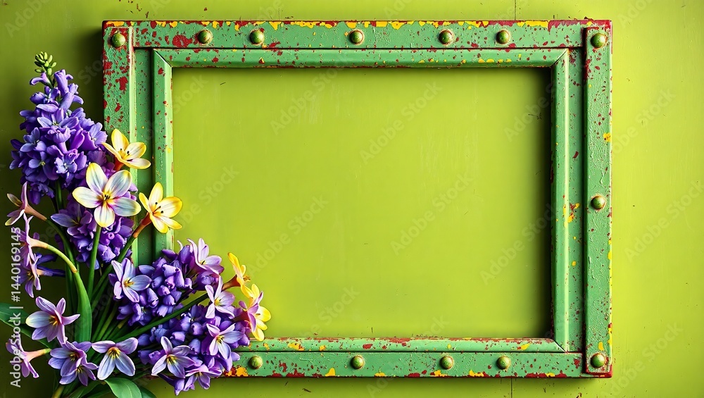 Antique Iron Frame with Syringa and Hyacinth, Vintage Decor, Green, Yellow, Purple Rust
