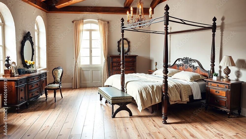 Antique Bedroom Floor Plan, Four Poster Bed, Vintage Charm