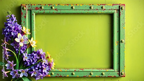 Obraz na płótnie Antique Iron Frame with Syringa and Hyacinth, Vintage Decor, Green, Yellow, Purple Rust w salonie