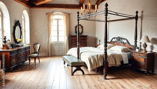 Antique Bedroom Floor Plan, Four Poster Bed, Vintage Charm