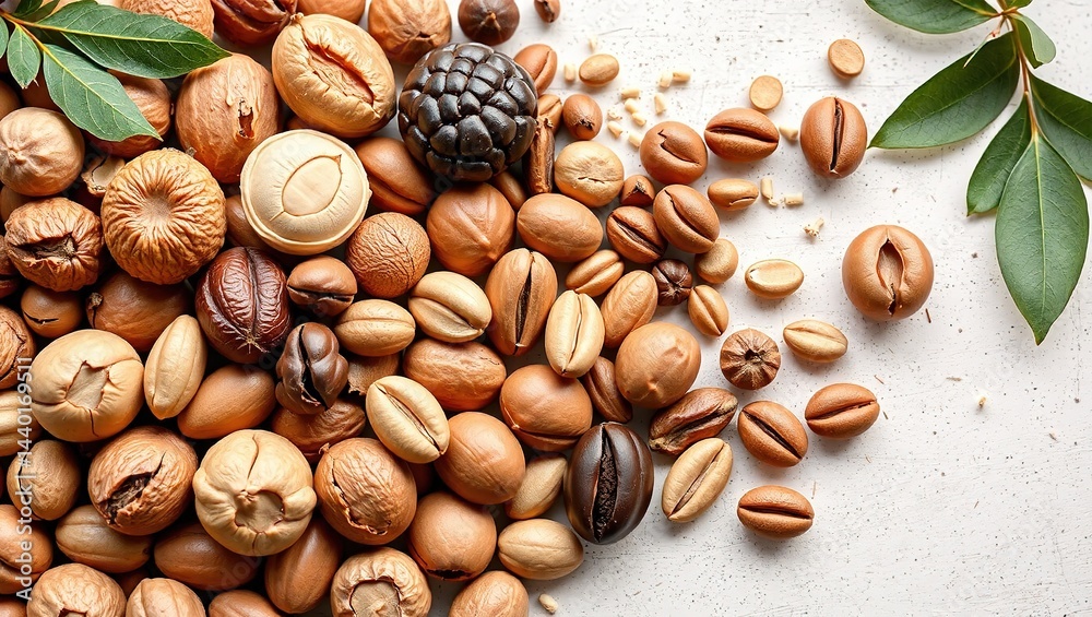 A sophisticated display of mixed nuts and seeds, perfect for a healthy snack or gourmet presentation.