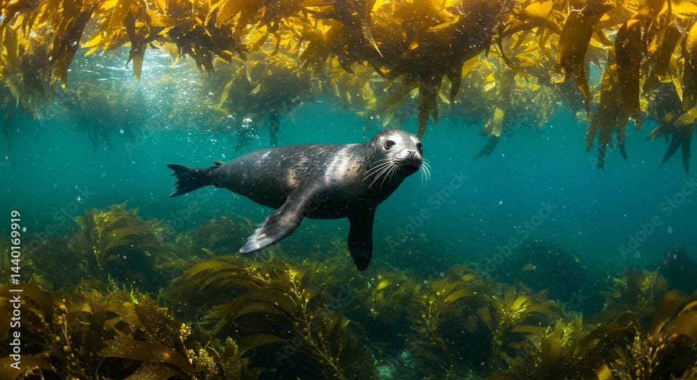 Fototapeta premium Seal Swimming in Underwater Kelp Forest Habitat Wildlife Photography
