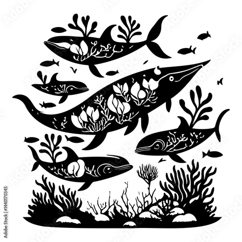 Black and white ocean life illustration featuring orcas and marine flora