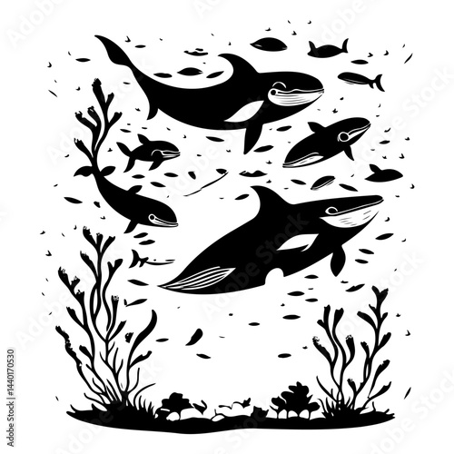 Monochromatic undersea artwork featuring orcas and aquatic flora in minimalist style