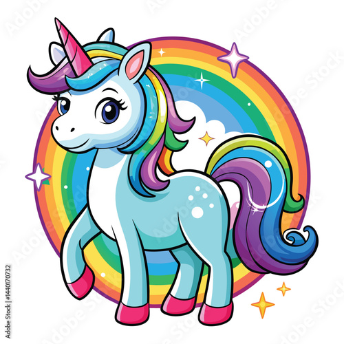 Beautiful Unicorn Cartoon vector, rainbow mane and tail. Beautiful Unicorn Cartoon Vector on Background.