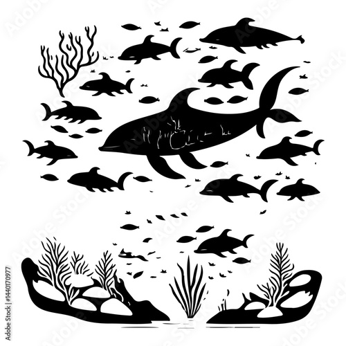 Stylized underwater scene featuring marine wildlife rendered in a linocut style