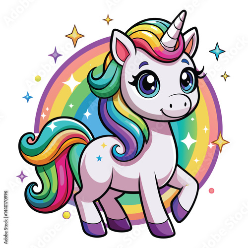 Cute Unicorn Cartoon vector with rainbow mane and tail. Beautiful Unicorn Cartoon Vector on Background.