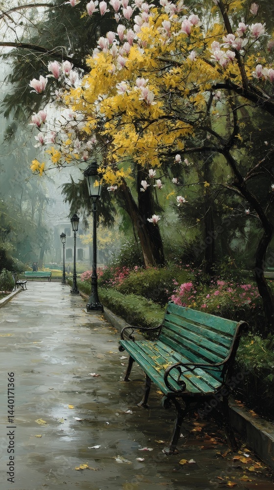 Fototapeta premium Serene Park Pathway with Blooming Trees