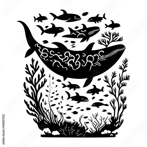 Monochromatic aquatic realm: A stylized depiction of marine life and vegetation