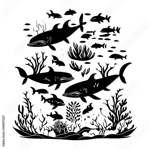 Monochromatic underwater ecosystem displaying diverse marine life composition