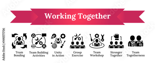 Working Together vector icon sheet collection glyph black fill, containing team bonding, activities, unity in action, exercise, workshop, stronger together, and team togetherness