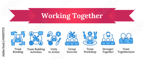 Working Together Blue Fill Outline Icon Sheet Design Vector, containing team bonding, activities, unity in action, exercise, workshop, stronger together, and team togetherness