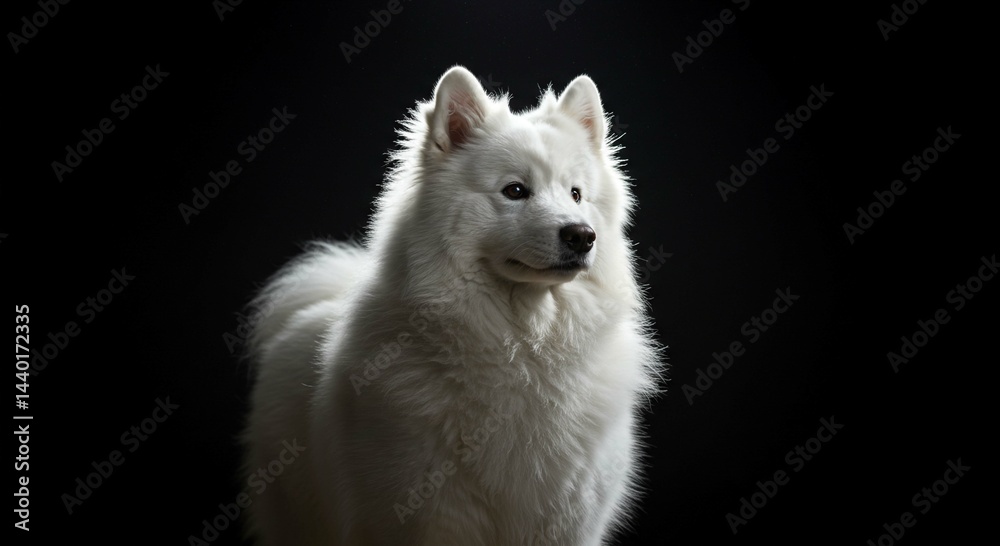 Obraz premium Majestic White Samoyed Dog Portrait Fluffy Fur Black Background