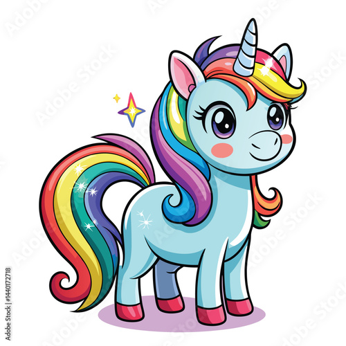 Cute Unicorn Cartoon vector with rainbow mane and tail. Beautiful Unicorn Cartoon Vector on Background.