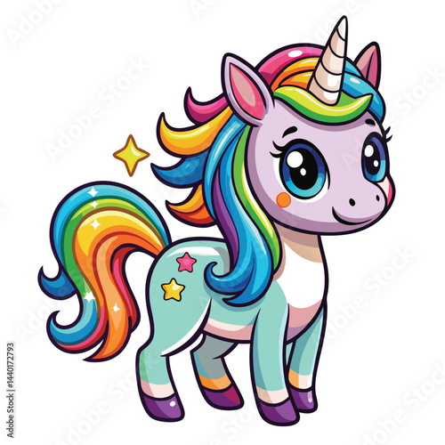 Cute Unicorn Cartoon vector with rainbow mane and tail. Beautiful Unicorn Cartoon Vector on Background.
