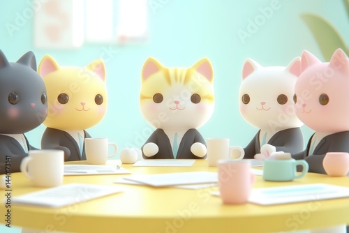 Adorable cartoon cats in suits hold a business meeting around a table with coffee cups and documents.