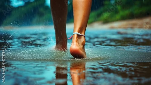 Barefoot woman walking in shallow water during rain.
