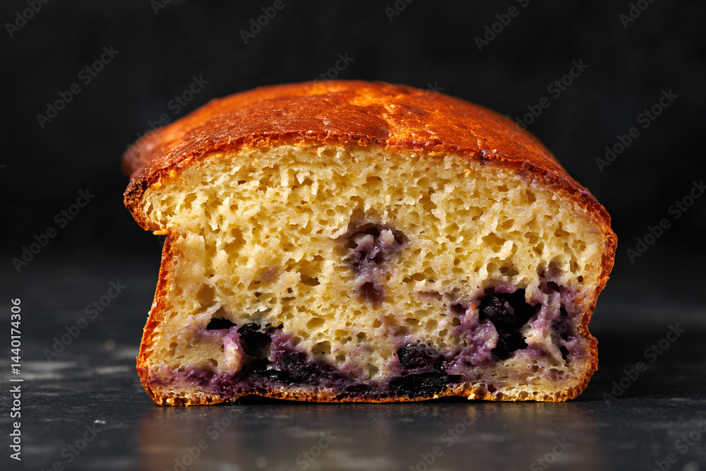 sliced blueberry streusel sweet bread with fresh berries on a rustic cutting board
