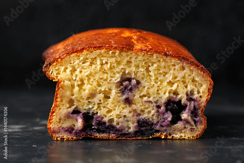 Obraz na płótnie sliced blueberry streusel sweet bread with fresh berries on a rustic cutting board w salonie