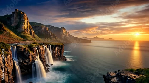 Majestic waterfalls cascade into serene waters at sunset overlooking breathtaking cliffs Generative AI