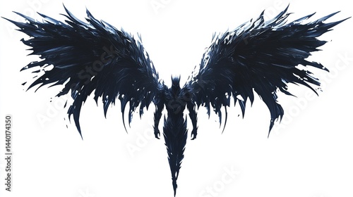 Dark angel with large, ragged wings.