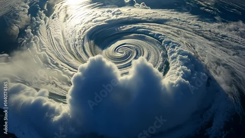 Capturing the mesmerizing spiral of a powerful storm swirling above the ocean during sunset Generative AI