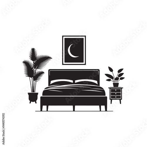 Bed Silhouette Vector Illustration, Solid White Background.