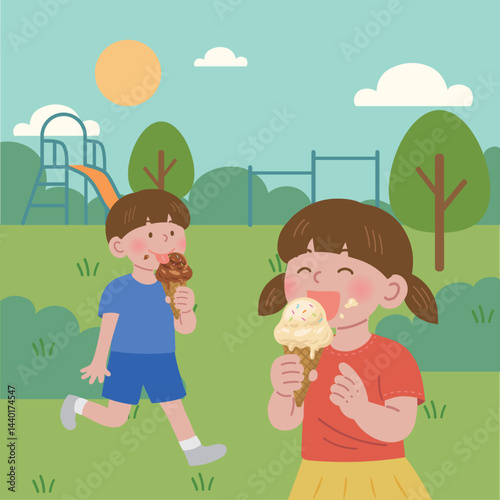Illustration of children playing while eating ice cream in the summer playground park