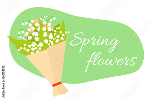 Floral illustration depicting a bouquet of cut lily of the valley flowers wrapped in kraft paper. Spring flowers. It is ideal for decorating greeting cards with a spring theme.
