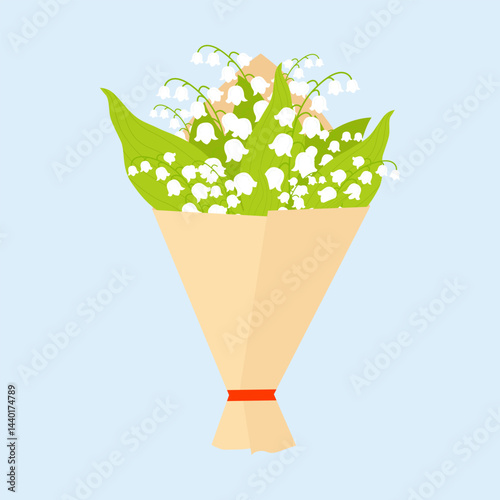 Floral illustration depicting a bouquet of cut lily of the valley flowers wrapped in kraft paper. It is ideal for decorating greeting cards with a spring theme.