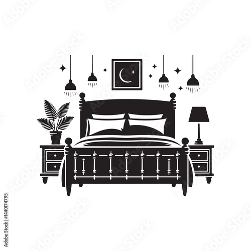 Bed Silhouette Vector Illustration, Solid White Background.