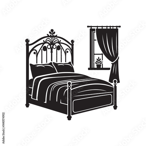Bed Silhouette Vector Illustration, Solid White Background.