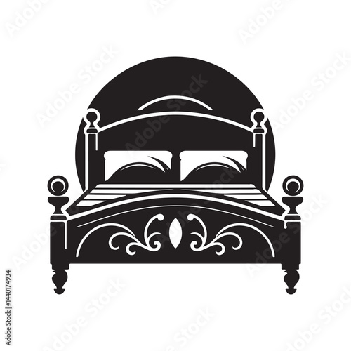 Bed Silhouette Vector Illustration, Solid White Background.