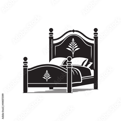 Bed Silhouette Vector Illustration, Solid White Background.