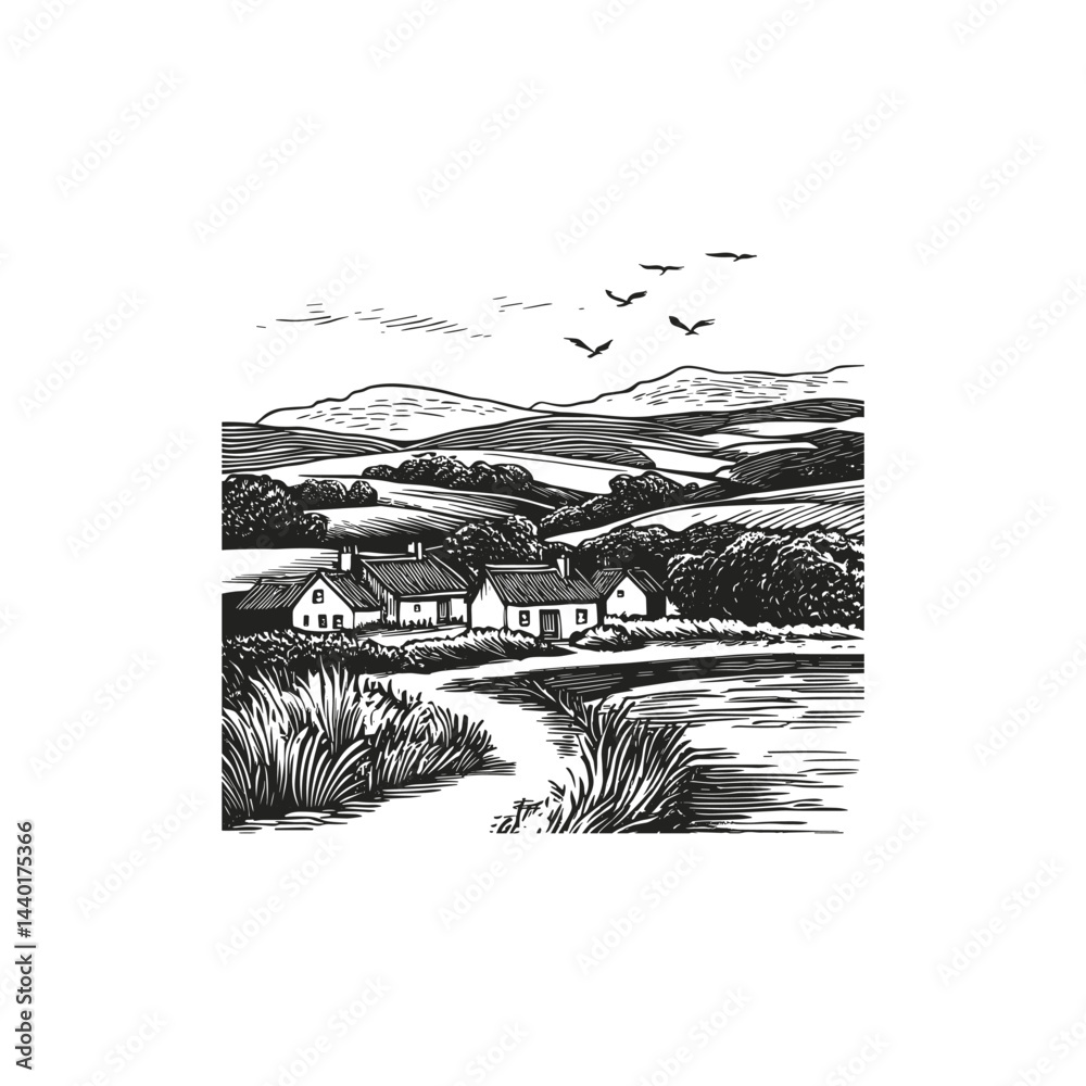 Fototapeta premium Rural landscape scenery engraving design vector template illustration